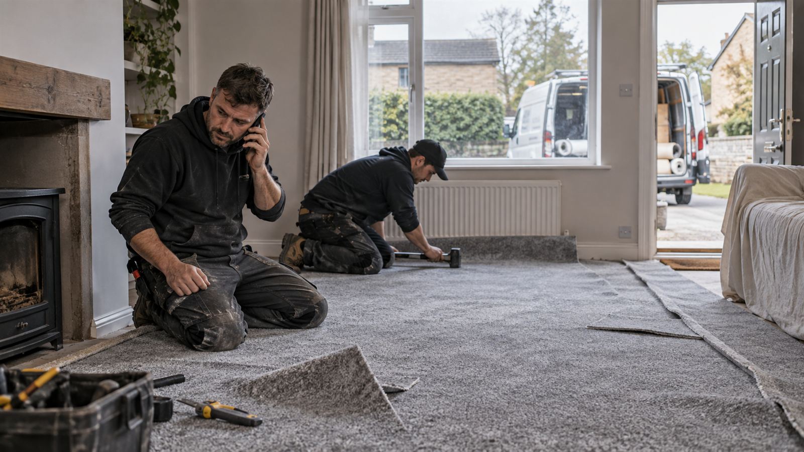 Carpet fitter taking a call while his colleague finishes the room