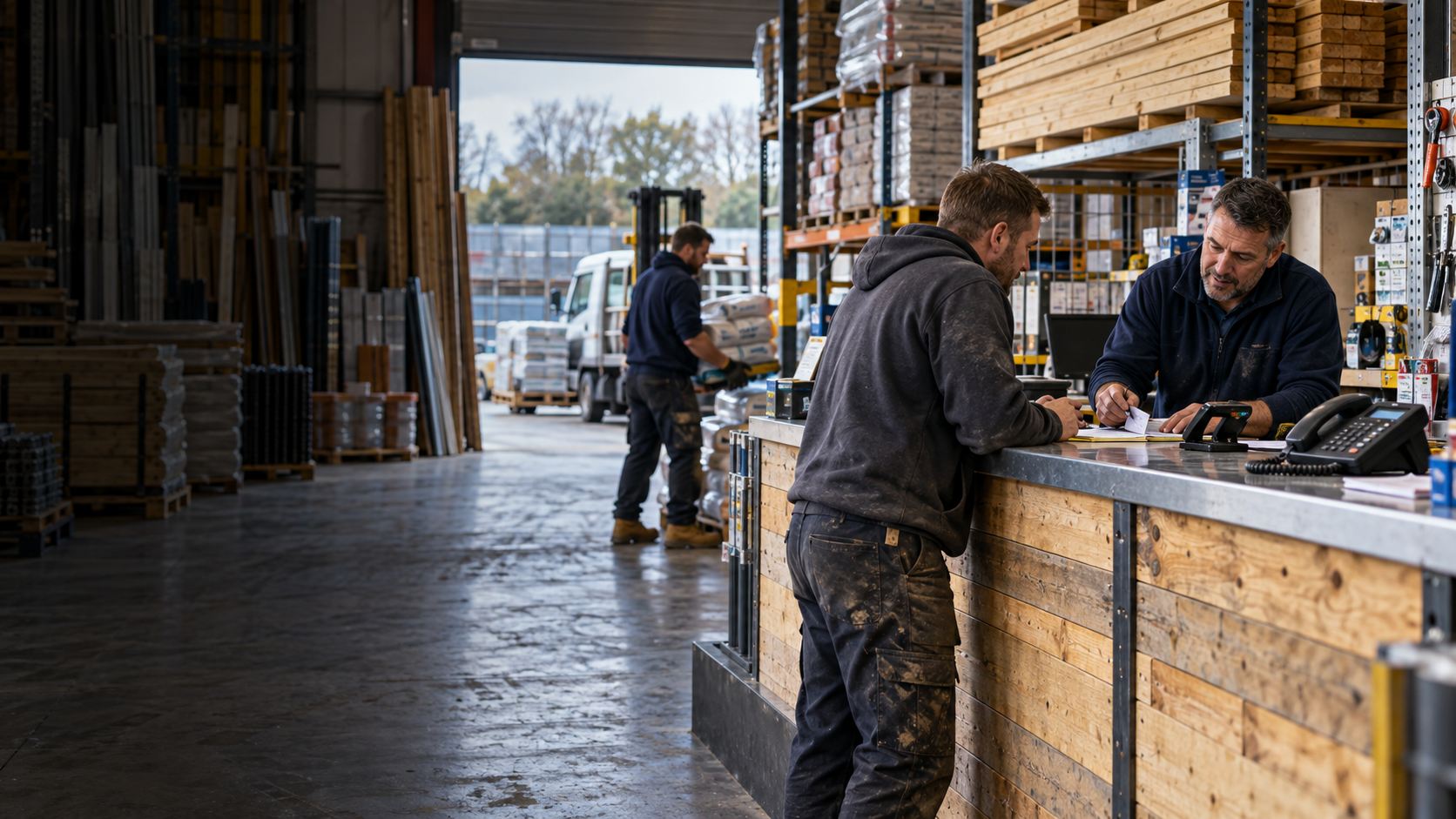 Trade counter in a builders' merchant with a customer being served while a forklift loads a truck outside